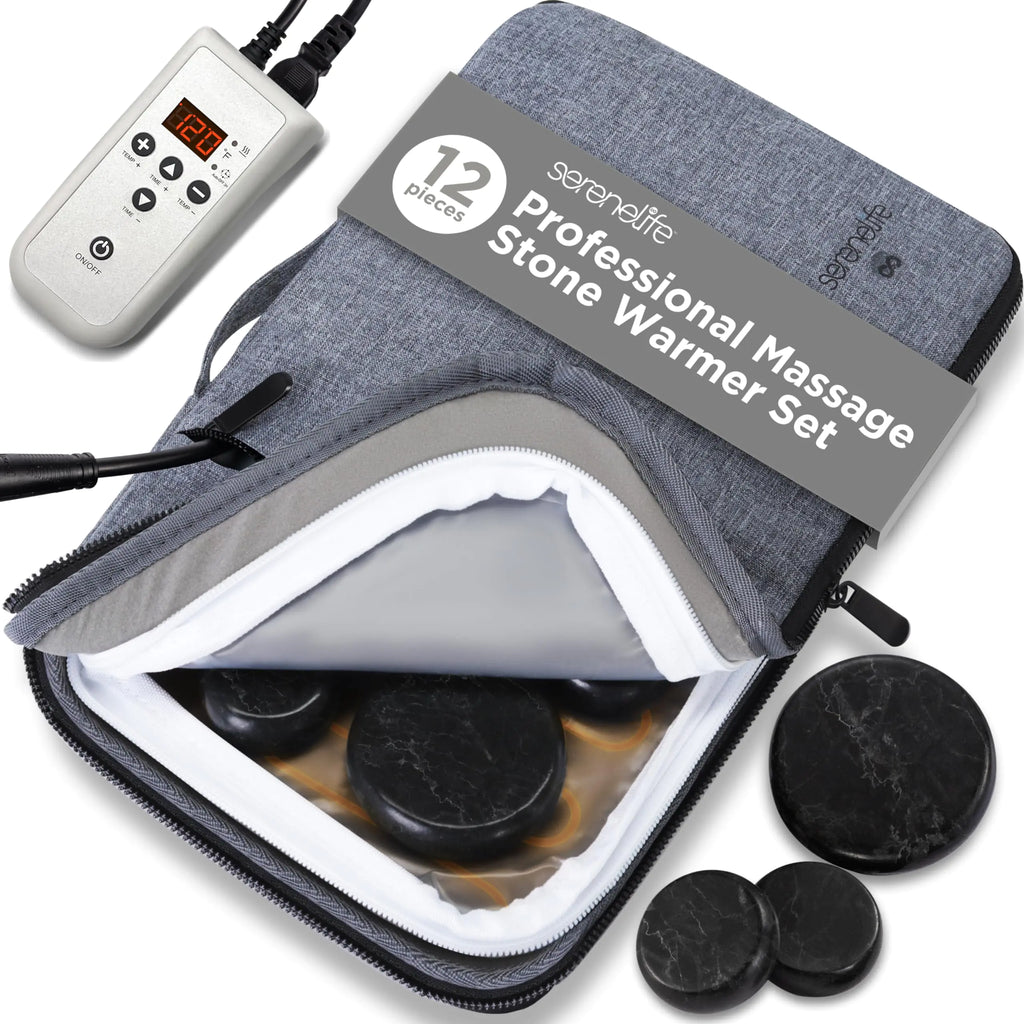 SereneLife Portable Basalt Stone Massage Set with Heating Bag - Hot Stones Massaging Black Basalt Kit 12 Rocks Massage Stones and Warmer Set Soothing Massage Accessories