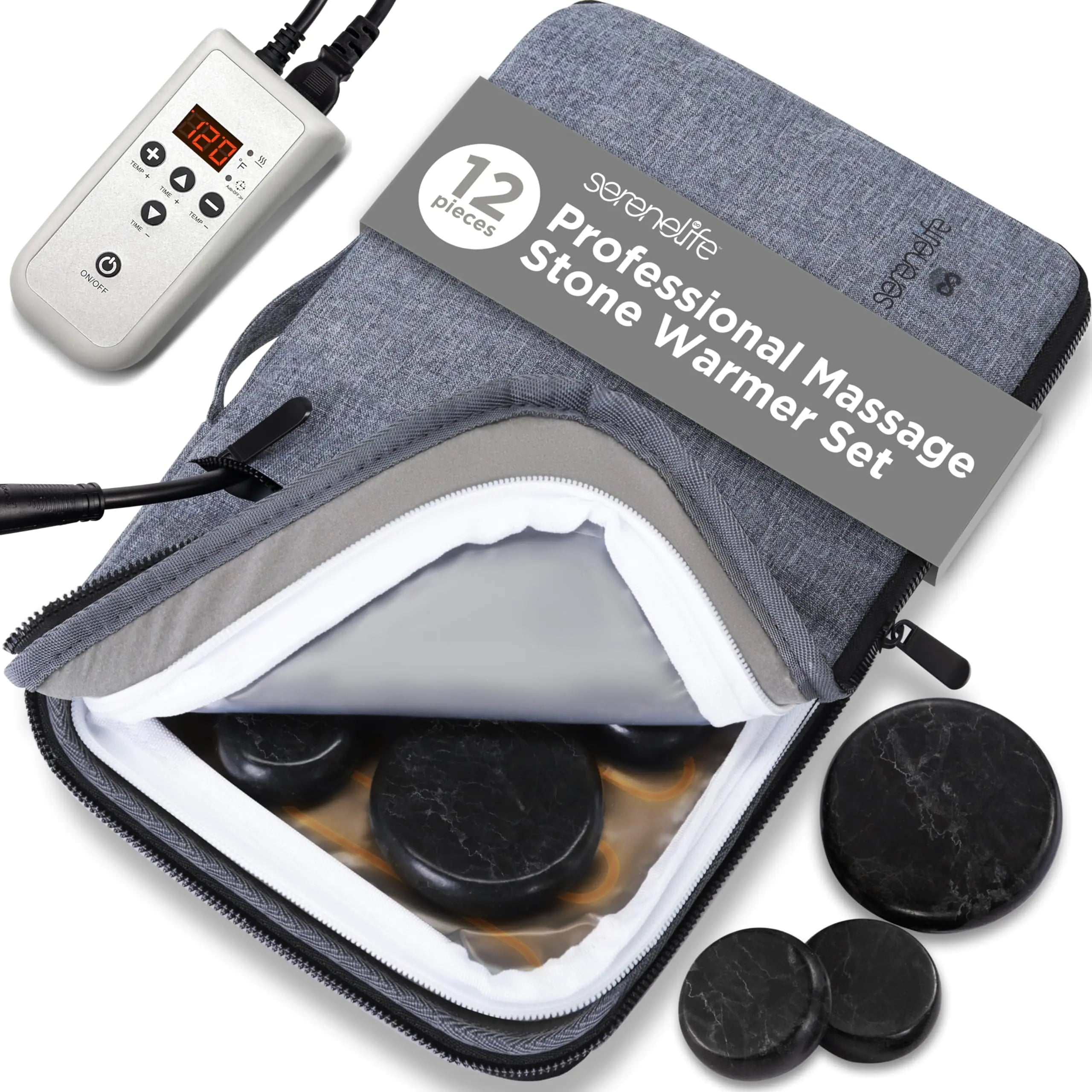SereneLife Portable Basalt Stone Massage Set with Heating Bag - Hot Stones Massaging Black Basalt Kit 12 Rocks Massage Stones and Warmer Set Soothing Massage Accessories