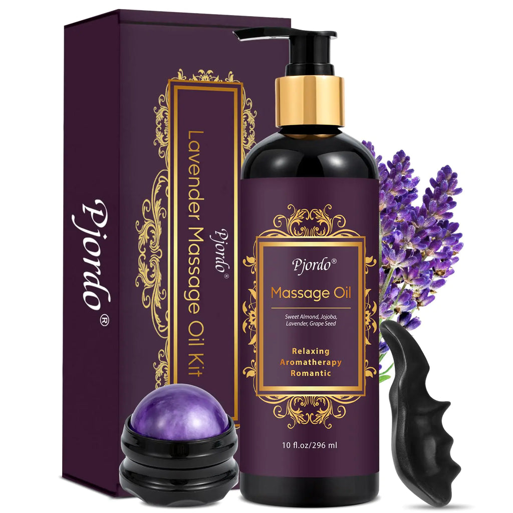 Pjordo Aromatherapy Lavender Massage Oil with Massage Roller Ball & Thumb Saver Massager Spa Massages Oil for Date Night Massage Oil for Massage Therapy Calming Soothing Relaxing 10 Fl Oz