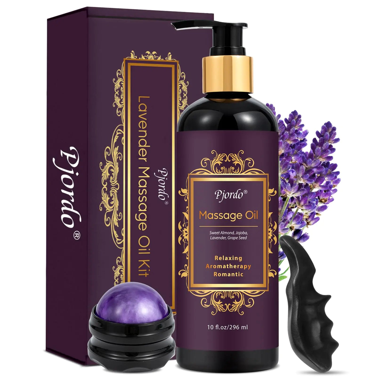 Pjordo Aromatherapy Lavender Massage Oil with Massage Roller Ball & Thumb Saver Massager Spa Massages Oil for Date Night Massage Oil for Massage Therapy Calming Soothing Relaxing 10 Fl Oz